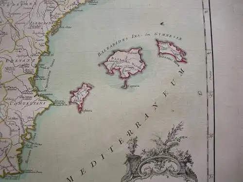 Spanien España Hispania antiqua Baleares kolor Kupferstichkarte Vaugondy 1750