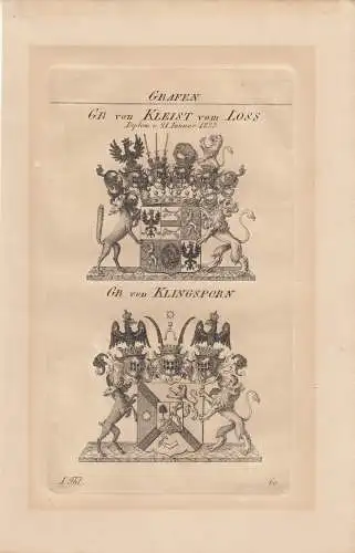 Wappen Grafen Kleist vom Loss Klingsporn Kupferstich um 1828 Ostpreussen