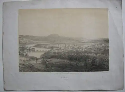 Linz Oberösterreich getönte Orig Lithografie Gesamtansicht C. Waage um 1840