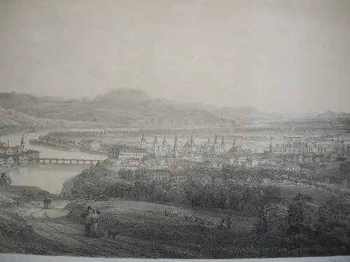 Linz Oberösterreich getönte Orig Lithografie Gesamtansicht C. Waage um 1840