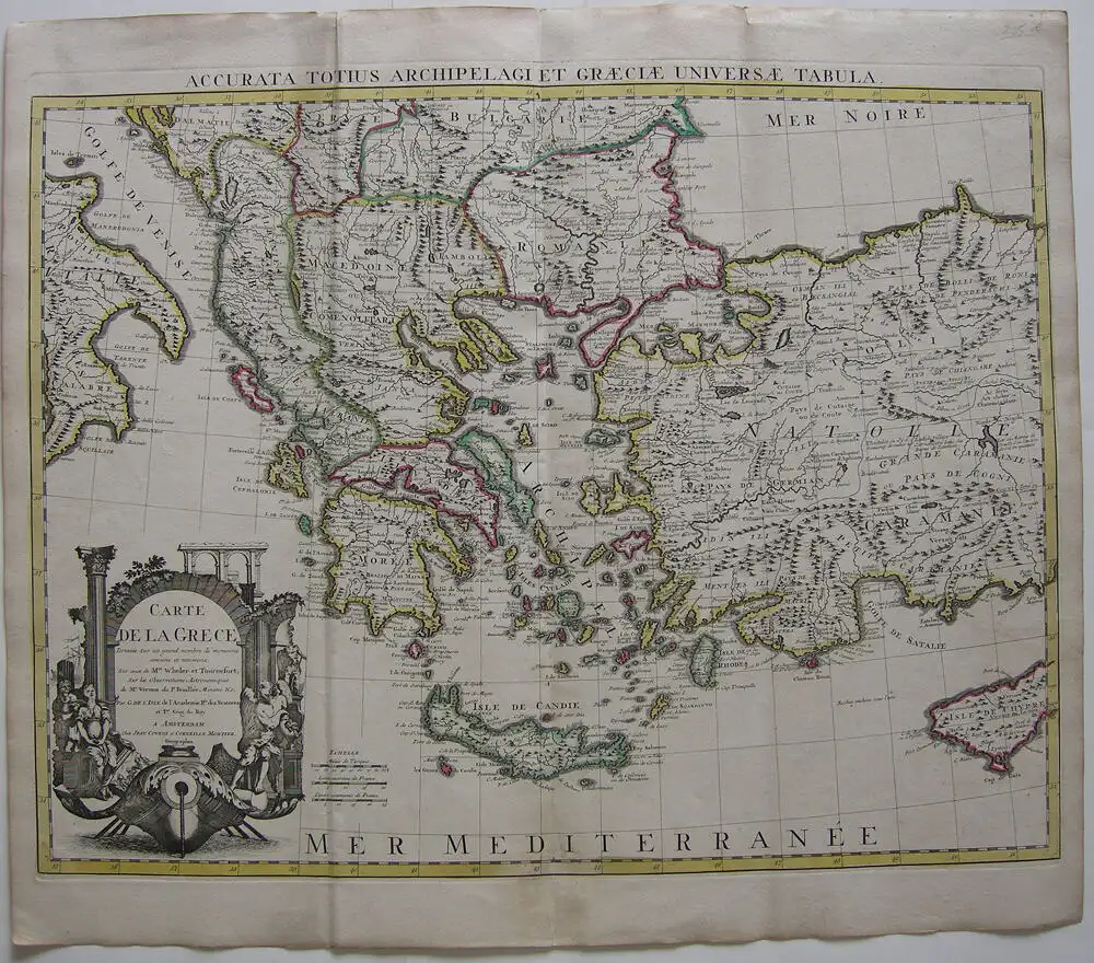Griechenland Türkei Zypern Kreta kolor Orig Kupferstichkarte de l'Isle 1730 0
