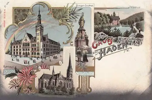 AK Hagen Rathaus Waldlust Neue Kath Kirche Litho Nordrhein Westfalen ungel 1910