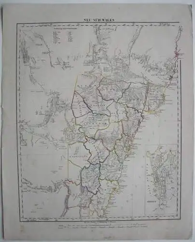 Neu Süd-Wales New South Wales Australia Kolor lithographed Map 1856 Sydney