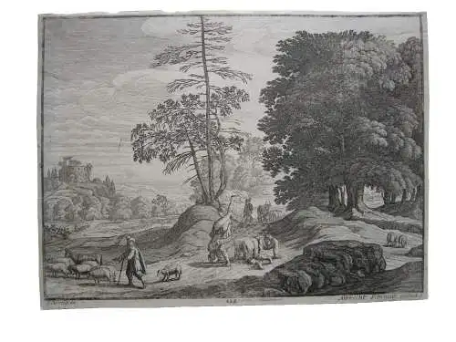 Gabriel Perelle (1603-1677) Landschaft mit Viehhirten Orig Kupferstich 1730