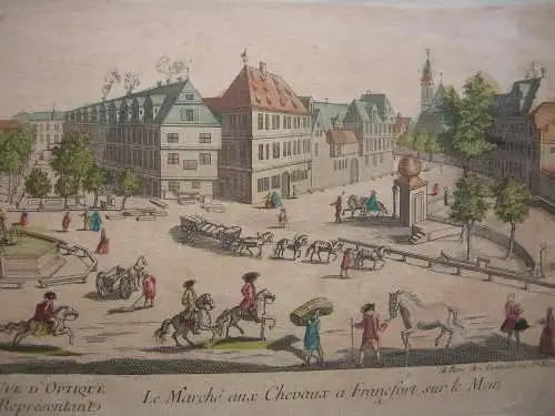 Vue d’optique Guckkastenblatt Frankfurt Rossmarkt kolor Orig Kupferstich 1780