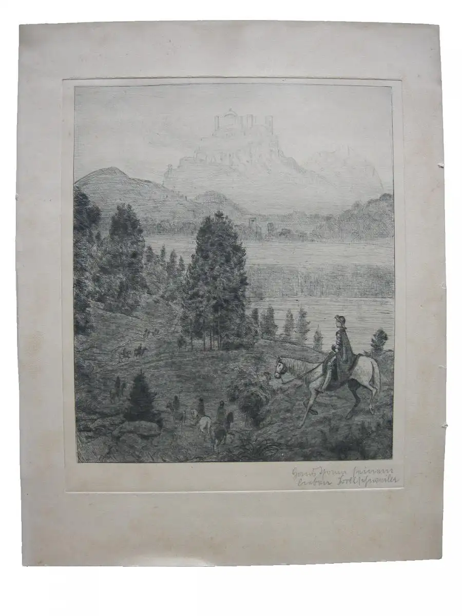 Hans Thoma (1839-1924) Ritt zur Gralsburg Orig Radierung um 1880 sign Widmung 0