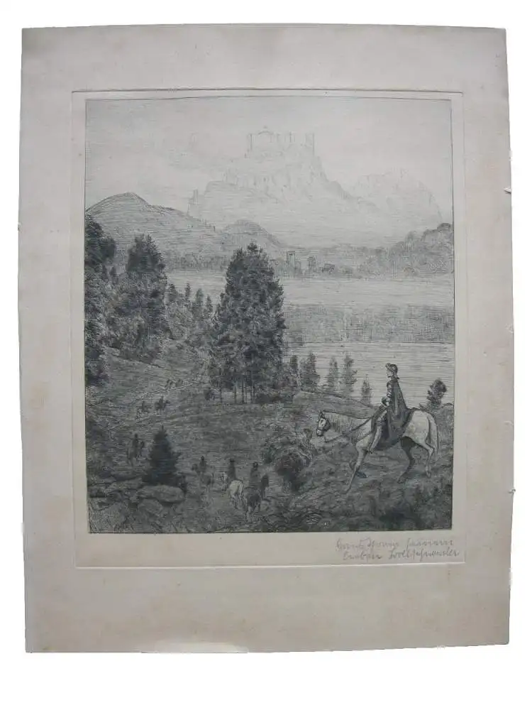Hans Thoma (1839-1924) Ritt zur Gralsburg Orig Radierung um 1880 sign Widmung 0