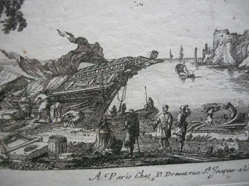 Gabriel Perelle (1603-1677) Schiffswerft Antike Ruine Orig Kupferstich 1660