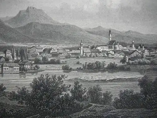 Rosenheim Gesamtansicht Stahlstich K. Gunkel Obermüllner 1850 Oberbayern