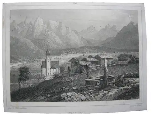 Wallgau Bad Tölz  Gesamtansicht Stahlstich K. Gunkel Obermüllner 1850 Oberbayern