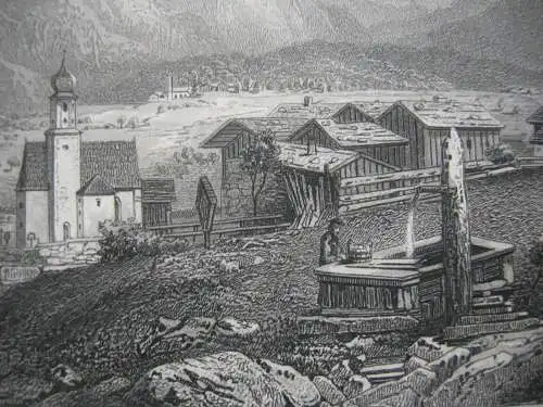 Wallgau Bad Tölz  Gesamtansicht Stahlstich K. Gunkel Obermüllner 1850 Oberbayern