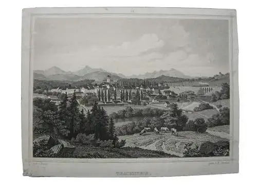 Traunstein Gesamtansicht Stahlstich K. Gunkel 1850 Oberbayern