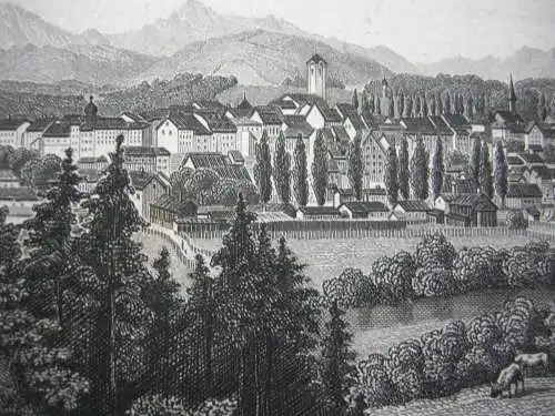 Traunstein Gesamtansicht Stahlstich K. Gunkel 1850 Oberbayern