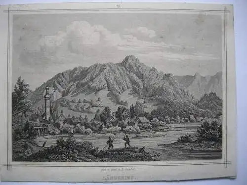 Lenggries Bad Tölz Gesamtansicht Stahlstich K. Gunkel 1850 Oberbayern