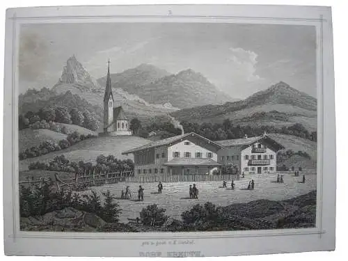 Dorf Kreuth Miesbach Stahlstich K. Gunkel 1850 Oberbayern