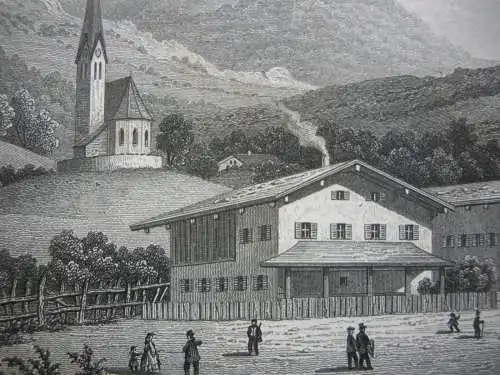 Dorf Kreuth Miesbach Stahlstich K. Gunkel 1850 Oberbayern