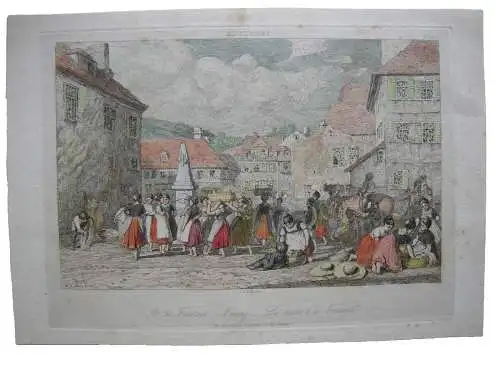 Stuttgart Morgens am Brunnen Orig. Farbradierung George Lewis 1822