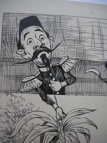 Karikatur Kranker Mann am Bosperus an Fäden Europas Tuschzeichnung R. Grieß 1900