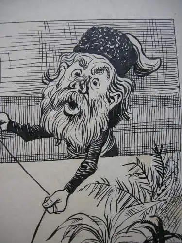 Karikatur Kranker Mann am Bosperus an Fäden Europas Tuschzeichnung R. Grieß 1900