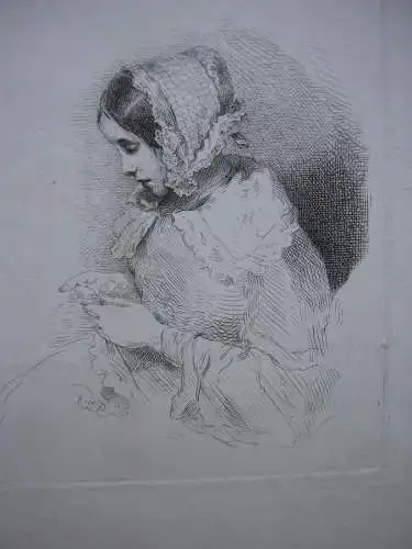 Studie strickende junge Frau Orig Radierung nach Josef Danhauser 1843