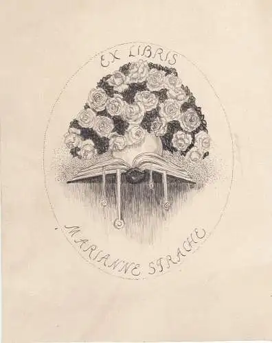 Ex Libris für Marianne Strache Rosenbouquet über Buch Orig Tuschzeichnung 