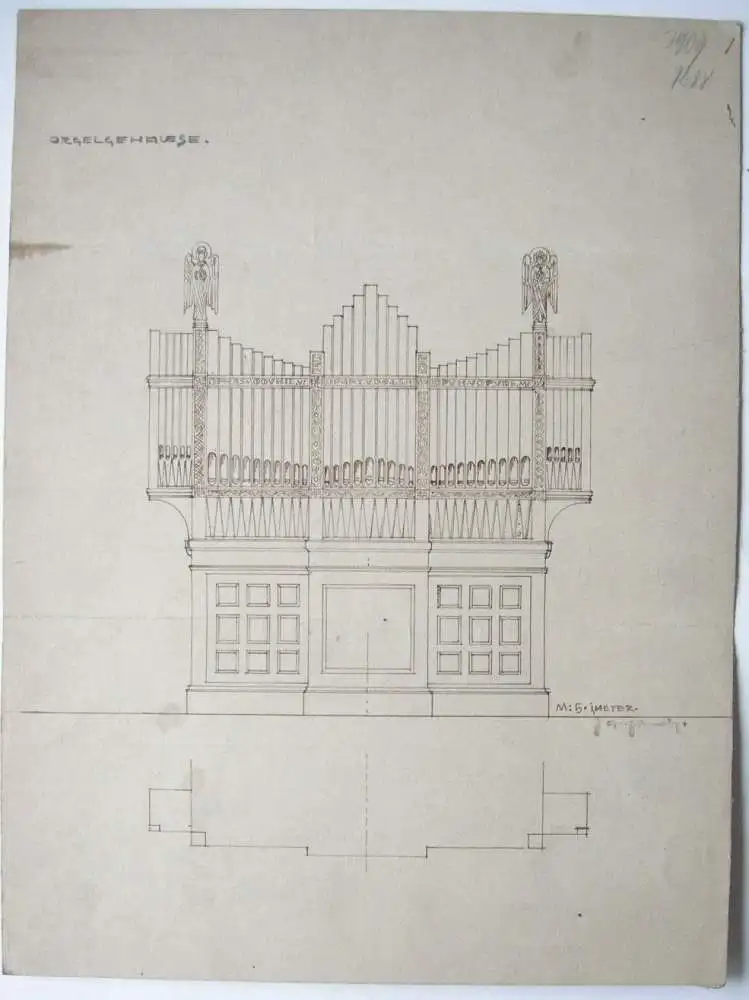 Entwurf für ein Orgelgehäuse Orgel Zeichnung braune Tusche sign. J. Angermann 0