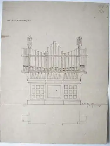 Entwurf für ein Orgelgehäuse Orgel Zeichnung braune Tusche sign. J. Angermann