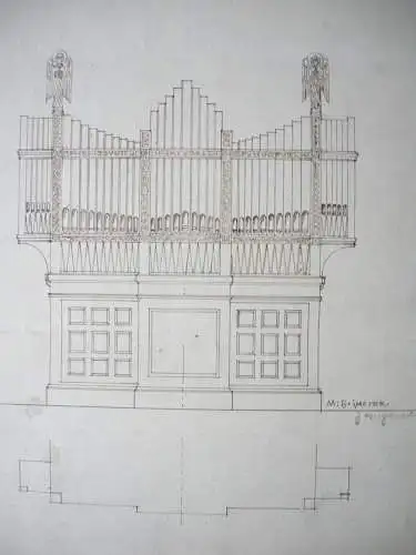 Entwurf für ein Orgelgehäuse Orgel Zeichnung braune Tusche sign. J. Angermann