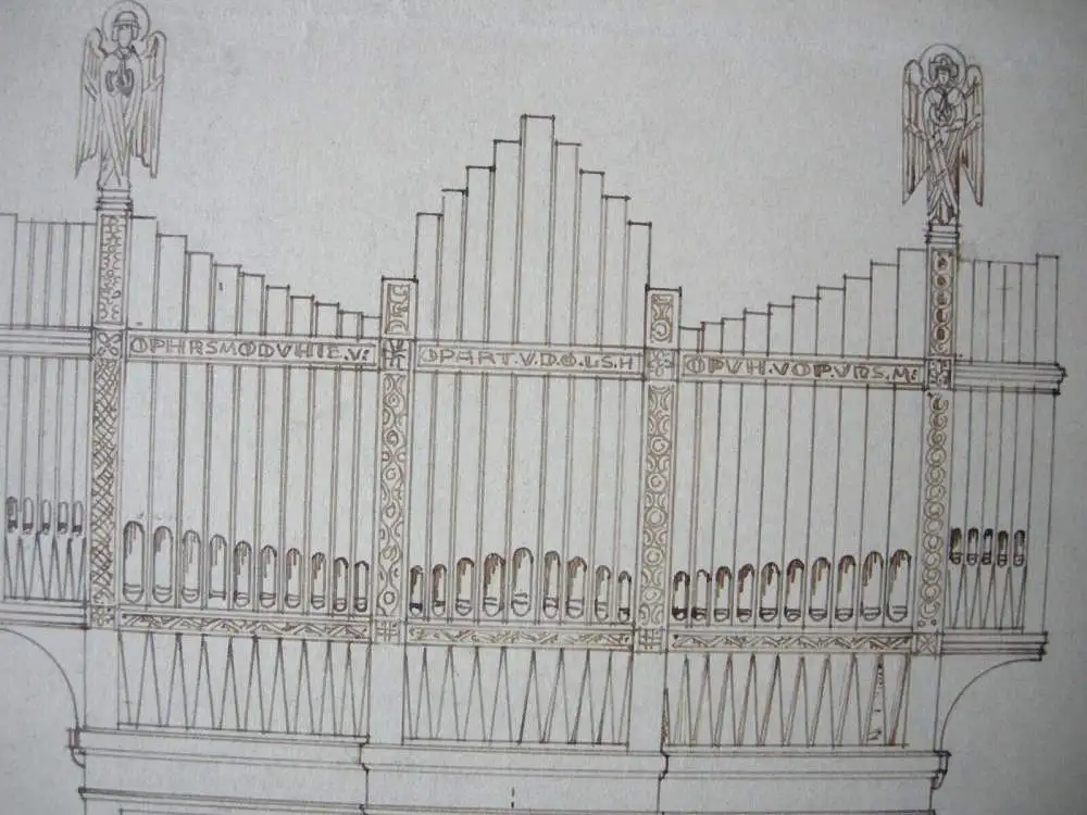 Entwurf für ein Orgelgehäuse Orgel Zeichnung braune Tusche sign. J. Angermann 2