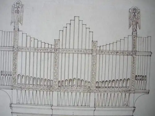 Entwurf für ein Orgelgehäuse Orgel Zeichnung braune Tusche sign. J. Angermann