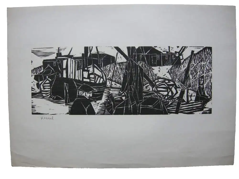 Diether Kressel (1925-2015) Fischerboote im Hafen Orig Holzschnitt signiert 1965 0