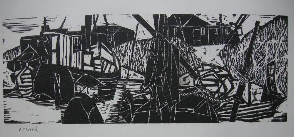 Diether Kressel (1925-2015) Fischerboote im Hafen Orig Holzschnitt signiert 1965 1