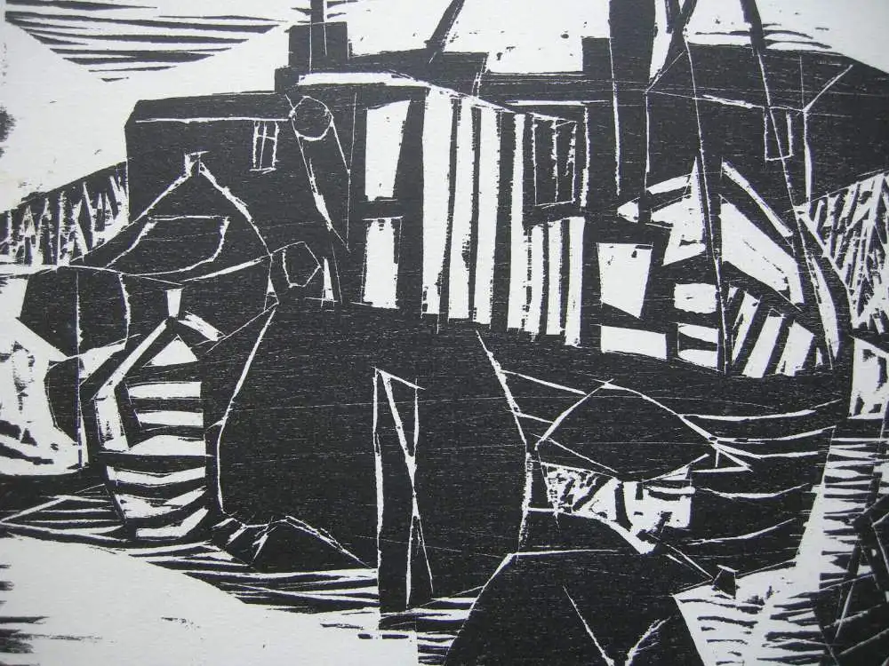 Diether Kressel (1925-2015) Fischerboote im Hafen Orig Holzschnitt signiert 1965 2