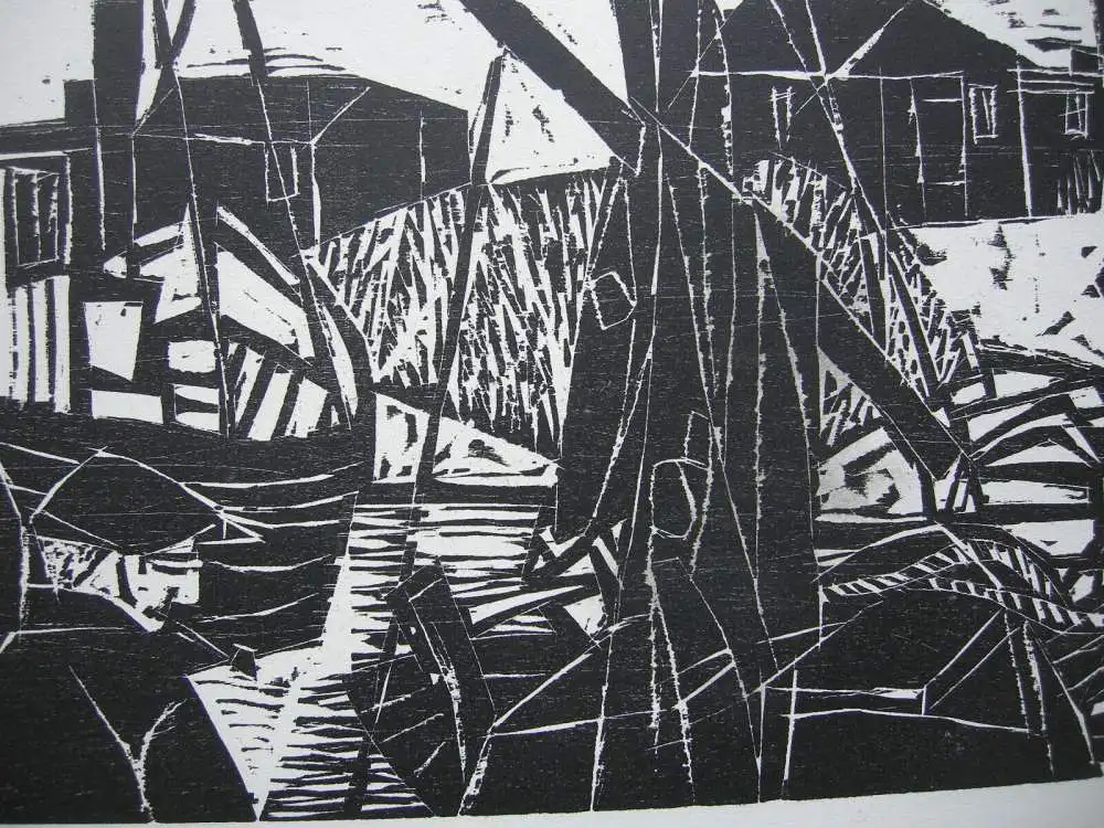Diether Kressel (1925-2015) Fischerboote im Hafen Orig Holzschnitt signiert 1965 3