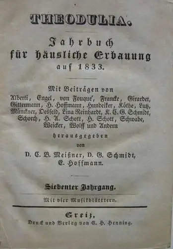 Almanach Theodulia Jahrbuch häusliche Erbauung 1833 Kupfer Musikblätter