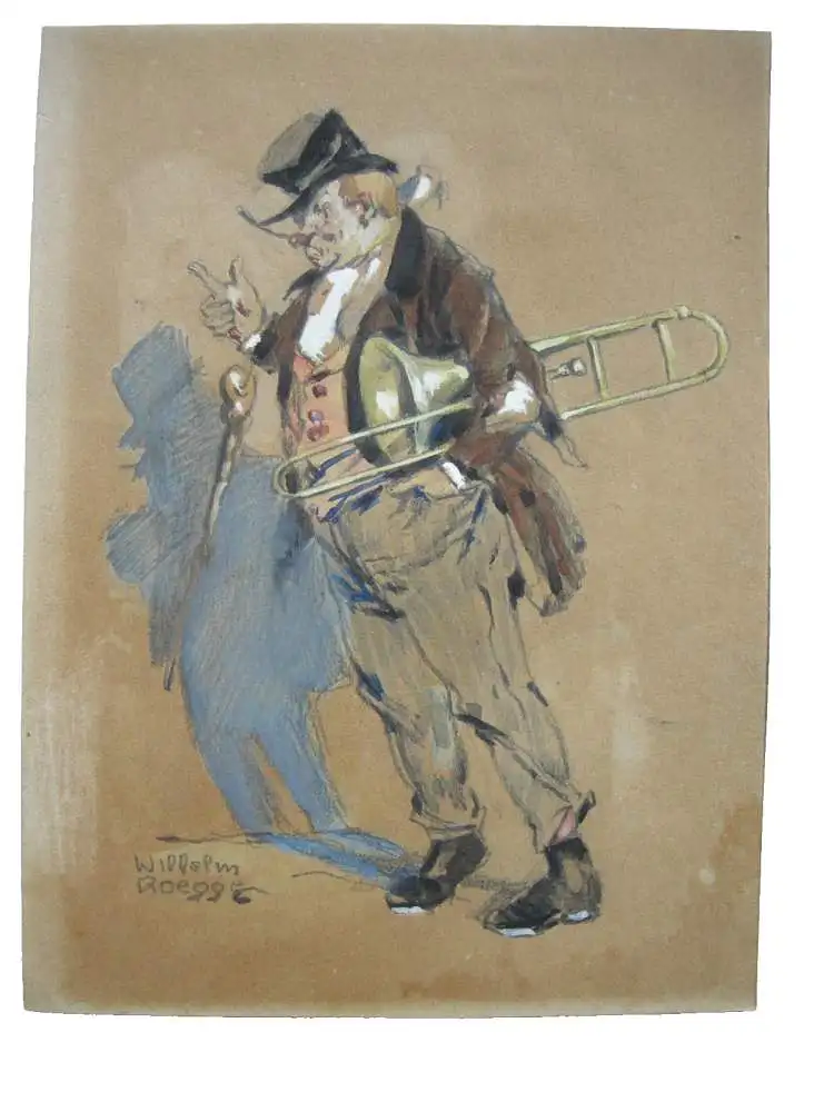 Wilhelm Roegge (1870-1946) Clown mit Posaune Schatten Orig Aquarell signiert 0