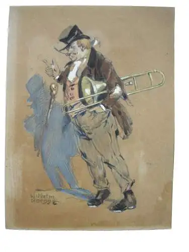 Wilhelm Roegge (1870-1946) Clown mit Posaune Schatten Orig Aquarell signiert