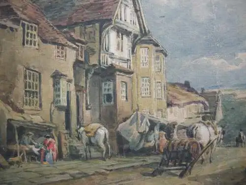 Street of a small Town in Great Britain Orig Aquarell ca. 1880