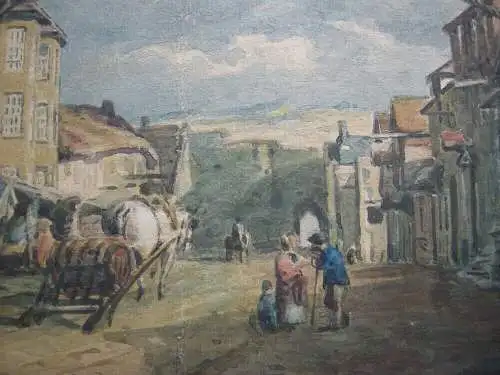 Street of a small Town in Great Britain Orig Aquarell ca. 1880