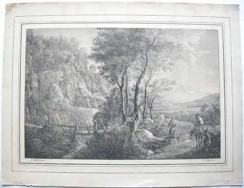 Italienische Landschaft frühe Orig Lithographie Caspar Auer nach J. Both 1819