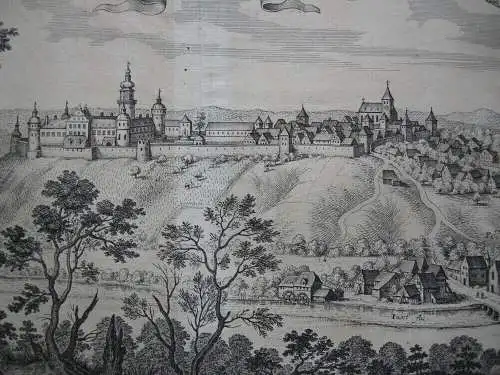 Langenberg Gesamtansicht Orig Kupferstich Merian 1650 Geiselwind Unterfranken