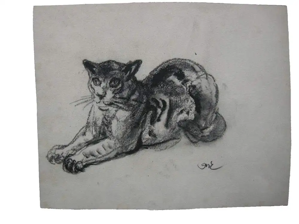 Kurt Meyer-Eberhardt (1895-1977) Liegende Katze Kohlezeichnung monogr 1950 0