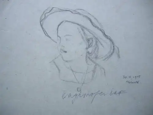 Max Mayrshofer  (1875-1950) Portrait Kind mit Hut  Bleistiftzeichg 1915 signiert