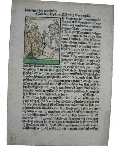 Inkunabelblatt Maria M. Magdalena Auferstehungsengel altkolor Holzschnitt 1482