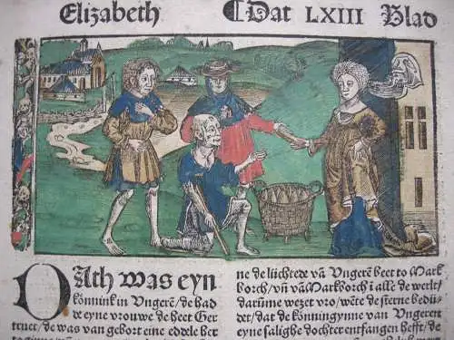 Inkunabelblatt Heilige Elisabeth Thüringen altkolor Holzschnitt Inkunabel 1495