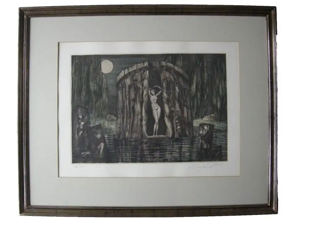 Ernst Fuchs (1930-2015) Geburt der Venus Orig Farbradierung signiert 1974 Rahmen 0