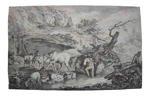 Daniel Düringer (1720-1786) Tiere mit Hirten an der Tränke Orig Kupferstich 1760