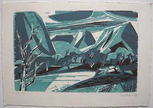 Uwe Wenk-Wolff (1929) Winterliche Gebirgslandschaft Orig Farbholzschnitt sign