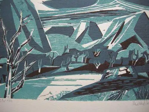 Uwe Wenk-Wolff (1929) Winterliche Gebirgslandschaft Orig Farbholzschnitt sign