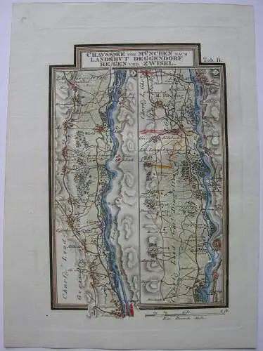 Chaussee München Landshut Deggendorf Regen Zwiesel Orig Kupferstich 1796